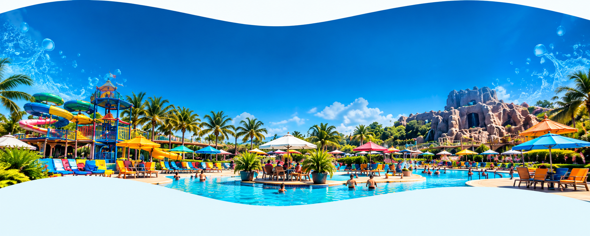 Resort pool area with palm trees, umbrellas and water slides