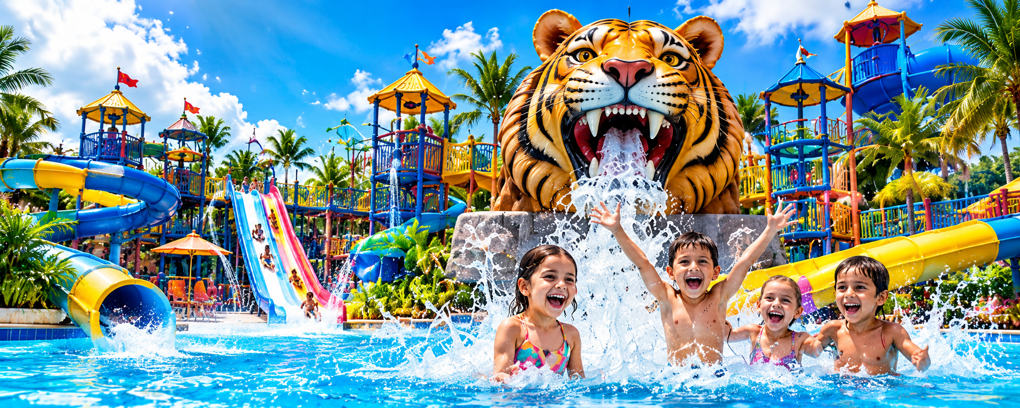 Children splashing in the water park beneath a giant tiger water slide