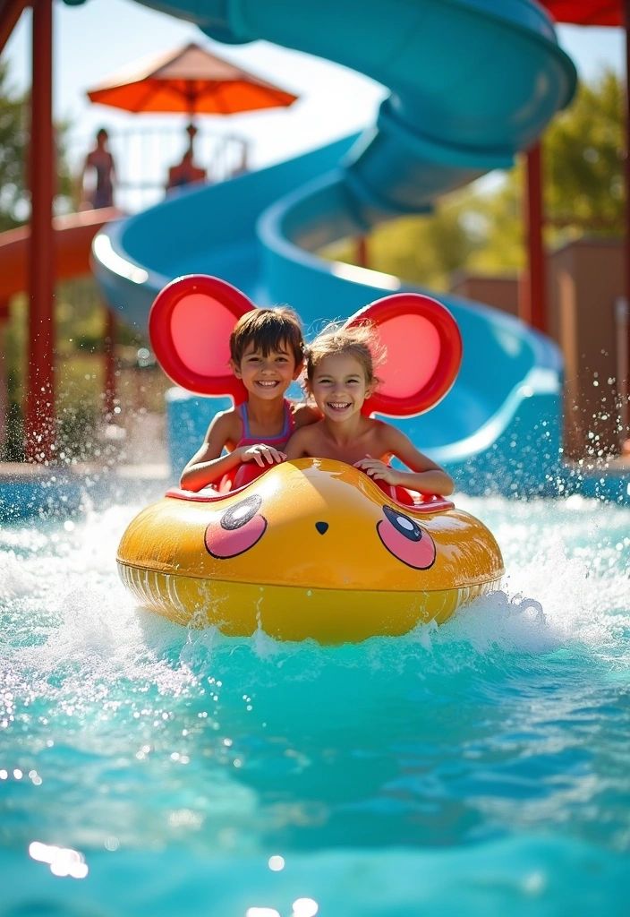 Family enjoying colourful water slides