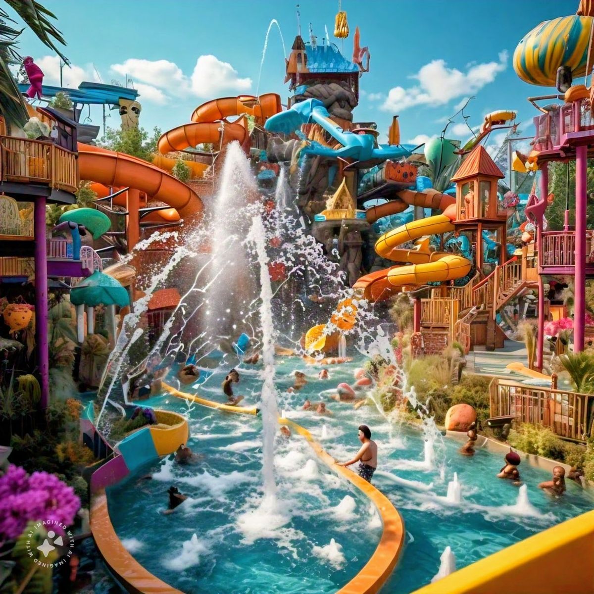 Colourful water slides with a rider coming down